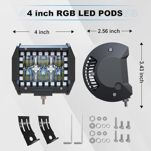 ASLONG 4PCS 4" inch LED Pods Flood Work Light Bar with Multi-Color Chasing RGB Halo 16 Solid Colors Over 92 Flashing Modes Offroad Pods Lights LED Driving Fog Lights with Switch Wiring Harness - Image 2