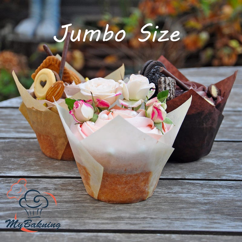 MyBakning (JUMBO EXTRA LARGE size) Natural+Brown+White Tulip Baking Cups 2-1/4"(Base diameter) x 3-3/4"(Wall height) Greaseproof paper baking cupcake Muffin liners, Case of 130 pcs - Image 4