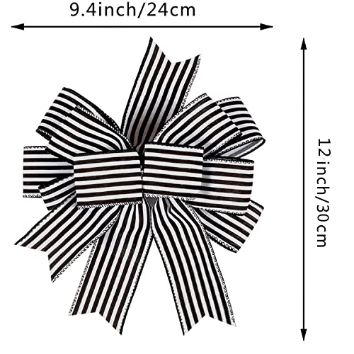 Hongsome 2 Pack Black White Stripe Halloween Fall Bows for Wreaths,12”x9.4”Black and White Christmas Decorations Bow for Gift Wrapping Tree Topper Wedding Holiday Birthday Party Wall Home Front Door - Image 2