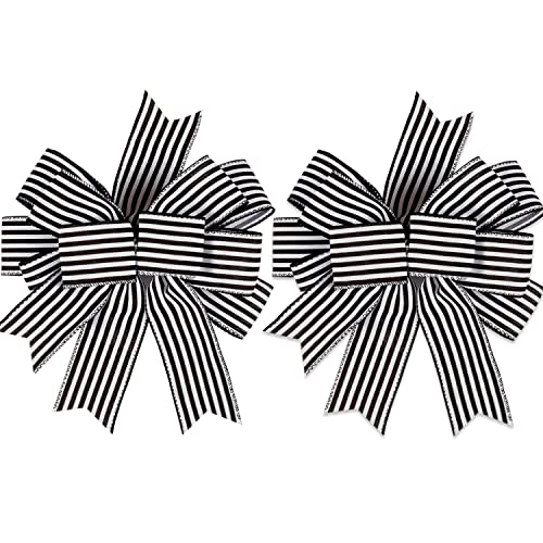 Hongsome 2 Pack Black White Stripe Halloween Fall Bows for Wreaths,12”x9.4”Black and White Christmas Decorations Bow for Gift Wrapping Tree Topper Wedding Holiday Birthday Party Wall Home Front Door - Image 1