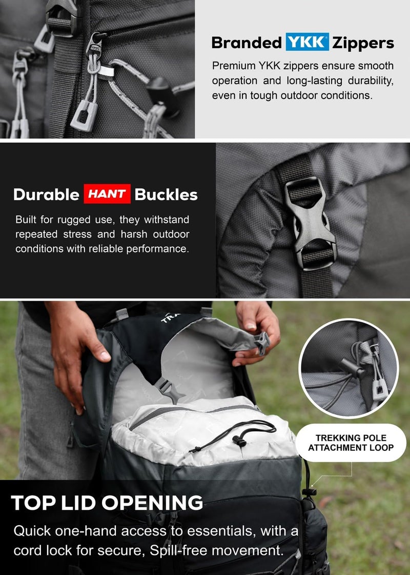 TRAWOC PEAKPRO 75 Liter Travel Backpack for Hiking Trekking Bag Camping Rucksack with Laptop Compartment/Rain Cover/Shoe Compartment BHK002, 3 Year Warranty, Black - Image 2