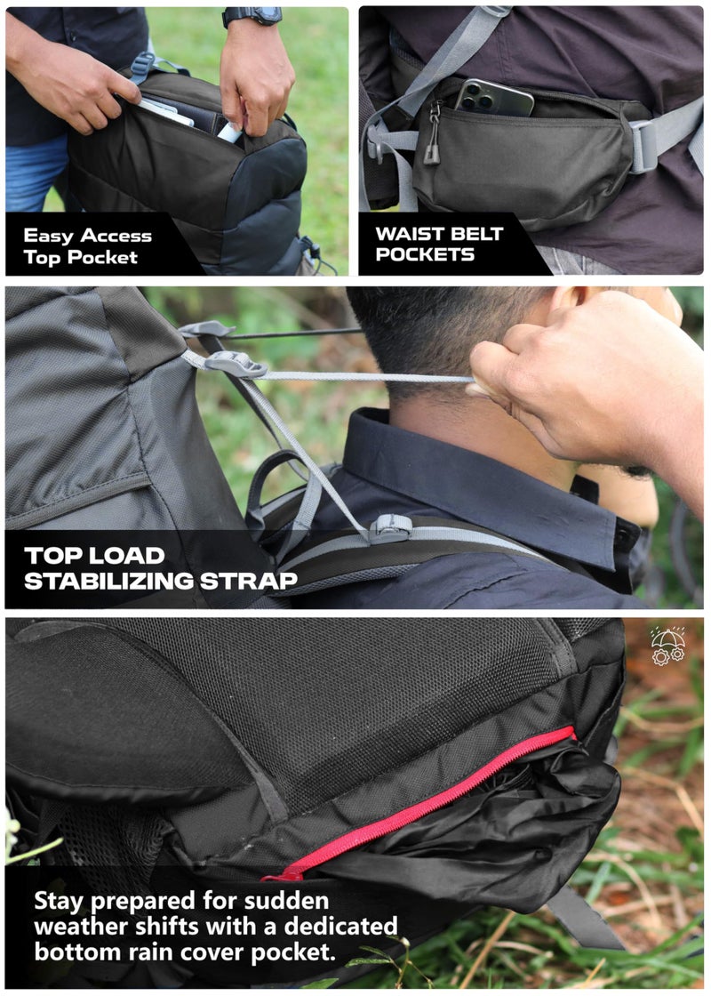 TRAWOC PEAKPRO 75 Liter Travel Backpack for Hiking Trekking Bag Camping Rucksack with Laptop Compartment/Rain Cover/Shoe Compartment BHK002, 3 Year Warranty, Black - Image 5