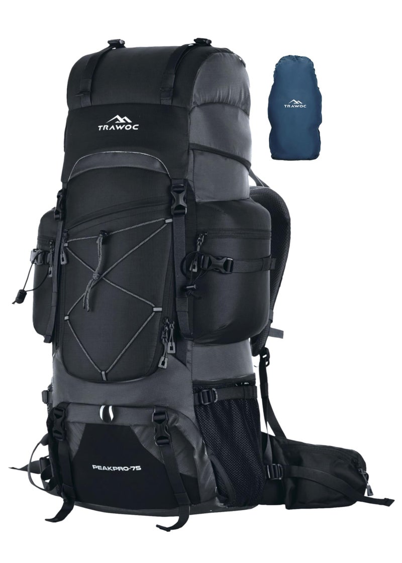 TRAWOC PEAKPRO 75 Liter Travel Backpack for Hiking Trekking Bag Camping Rucksack with Laptop Compartment/Rain Cover/Shoe Compartment BHK002, 3 Year Warranty, Black - Image 1