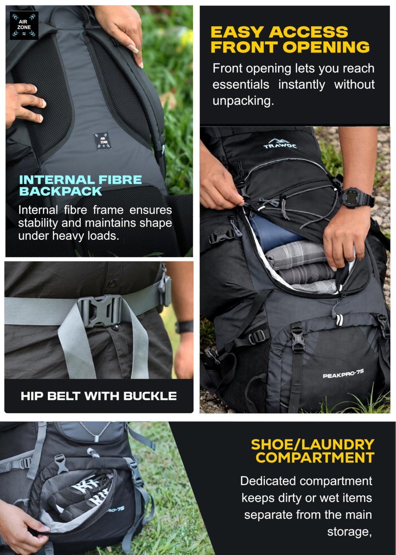 TRAWOC PEAKPRO 75 Liter Travel Backpack for Hiking Trekking Bag Camping Rucksack with Laptop Compartment/Rain Cover/Shoe Compartment BHK002, 3 Year Warranty, Black - Image 3