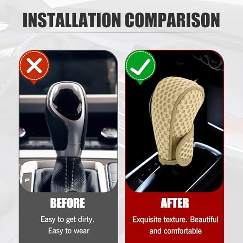 SARTE Gear Shift Knob Cover Anti-Slip Breathable Cotton mesh Anti-Scratch Handle Protector Premium for All Cars Universal fit (Beige) - Image 3