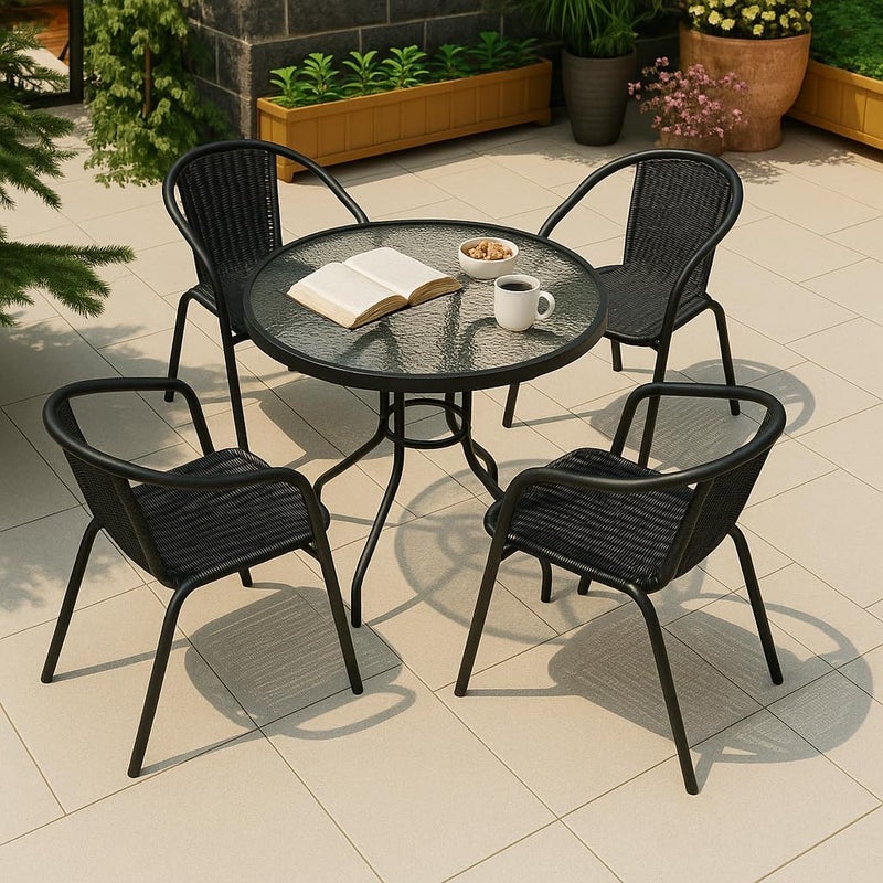 Harmony Home طقم طعام حديقة هارموني هوم - 5 قطع - 4 كراسي بولي راتان وطاولة زجاجية - أثاث فناء أسود أنثراسايت للحدائق والشرفات والتراسات - مقاوم للعوامل الجوية - Image 1