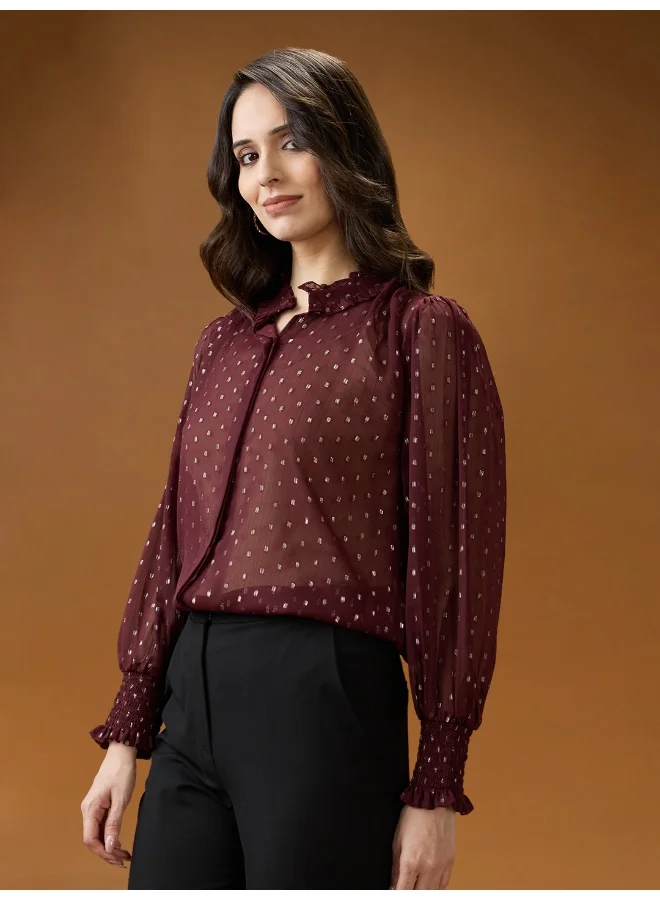 globus Women Maroon Frilled Neck Bishop Sleeves Lurex Detail Georgette Shirt Style Top