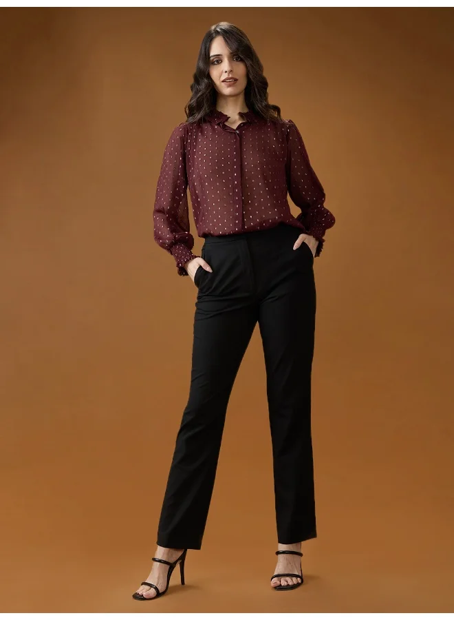 globus Women Maroon Frilled Neck Bishop Sleeves Lurex Detail Georgette Shirt Style Top
