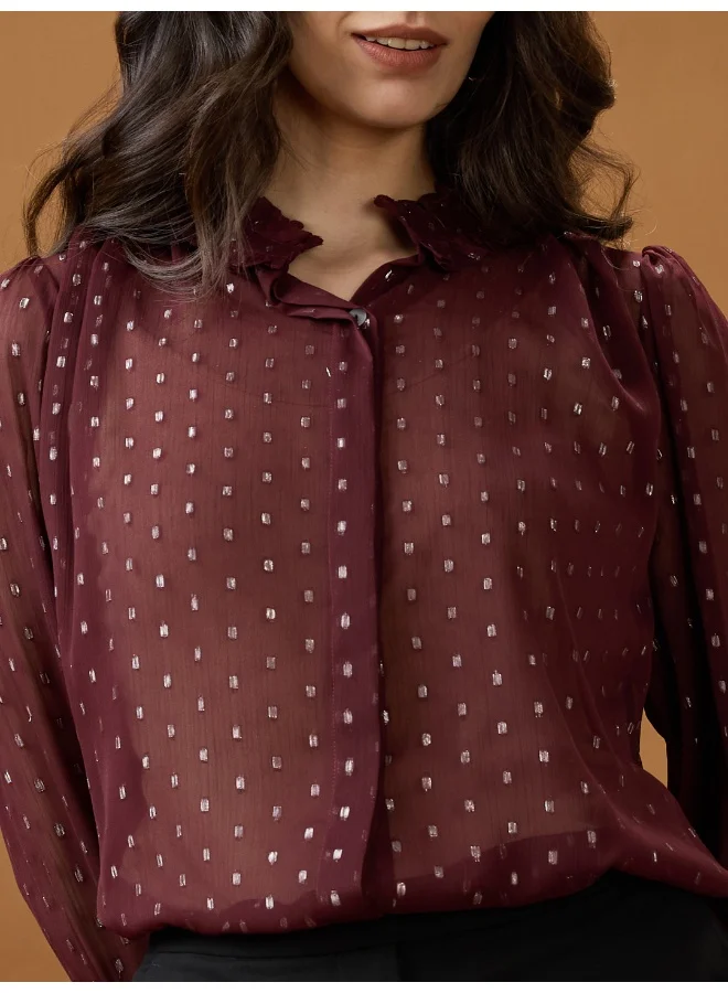 globus Women Maroon Frilled Neck Bishop Sleeves Lurex Detail Georgette Shirt Style Top