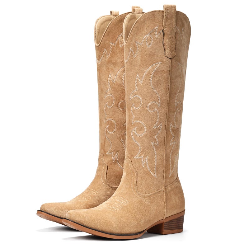 Fioralie Suede Cowboy Boots for Women Knee High Western Cowgirl Boots Pointed Toe Low Heel Classic Embroidered Boot - Image 4