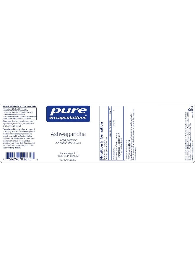 Pure Encapsulations - Ashwagandha High Potency Extract 500mg - Indian Ginseng/Winter Cherry Supplement to Support Cognitive and Joint Function - 60 Vegetarian Capsules