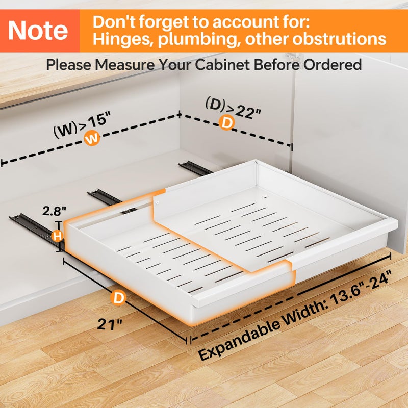 PXRACK Pull out Cabinet Organizer, 2-Pack Expandable(13.6"-24") Silde out Drawers with Raising Pad for Framed Cabinets, Adjustable Full-Extension Adhesive Roll out Shelves for Kitchen Pantry Home Pot and Pan - Image 4
