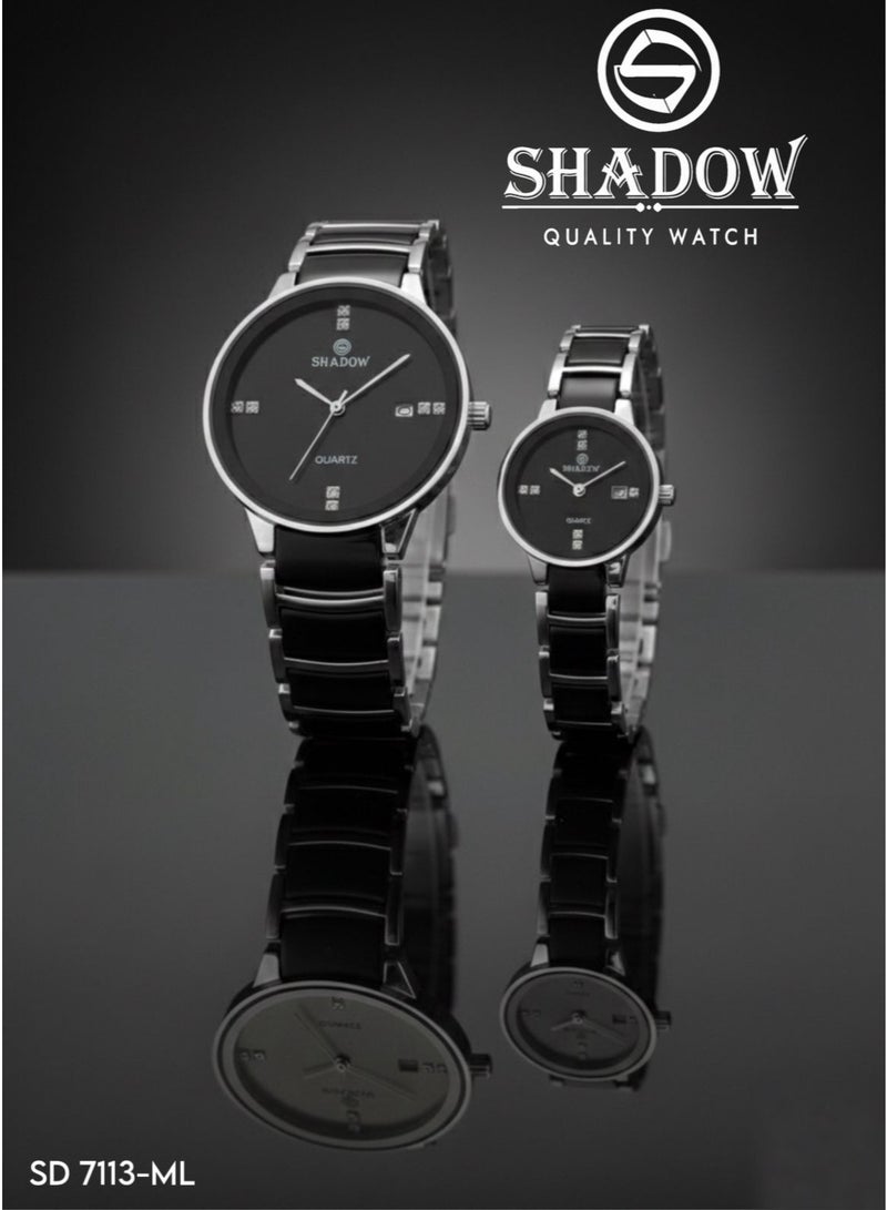 SHADOW Luxury Couple Watch Set - Premium Stainless Steel Matching His and Hers Quartz Wristwatches with Date Display & Crystal Indices - Image 1