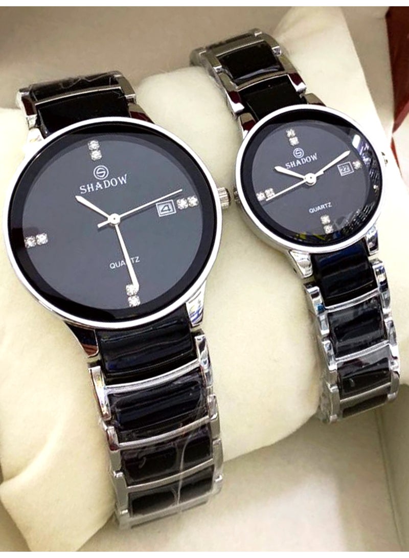 SHADOW Luxury Couple Watch Set - Premium Stainless Steel Matching His and Hers Quartz Wristwatches with Date Display & Crystal Indices - Image 2
