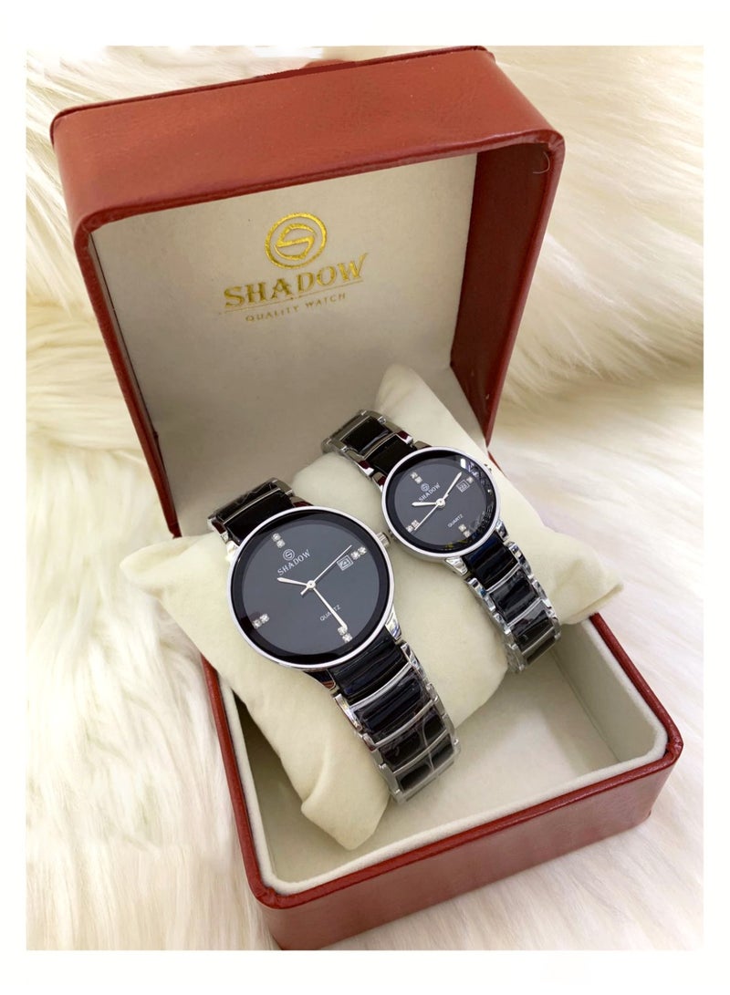SHADOW Luxury Couple Watch Set - Premium Stainless Steel Matching His and Hers Quartz Wristwatches with Date Display & Crystal Indices - Image 3