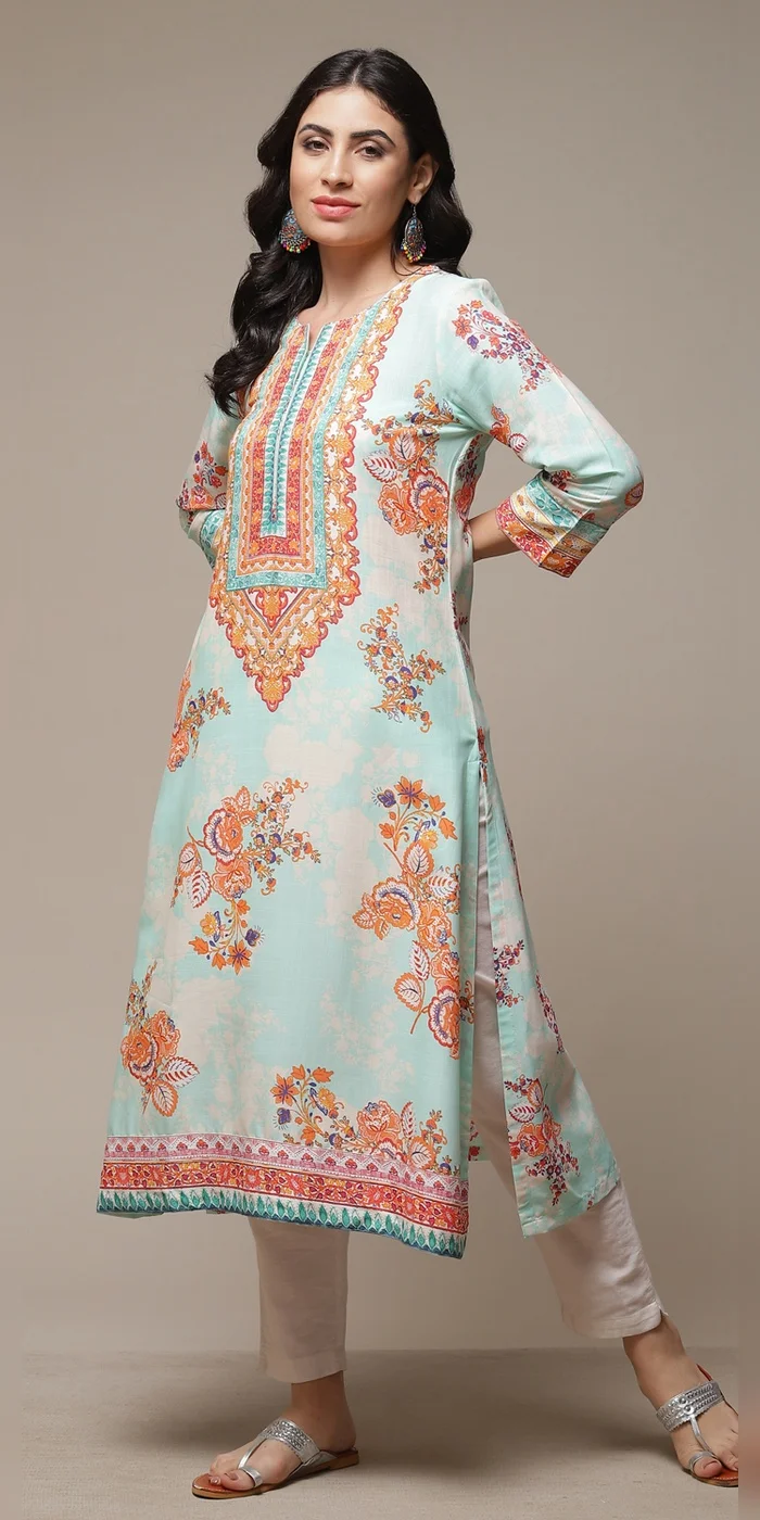 Women Sky Blue Printed Straight Kurta