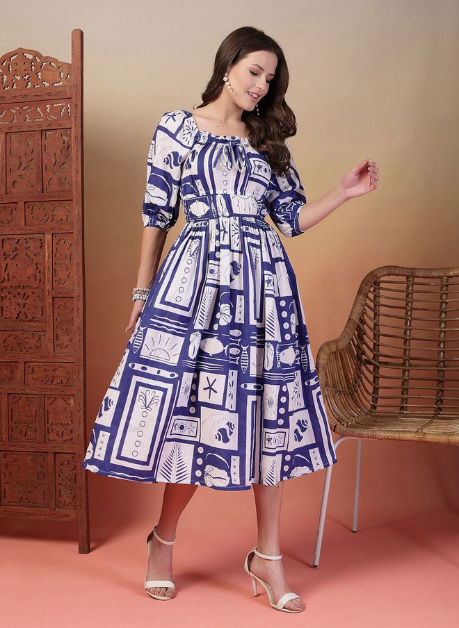 Indibelle فستان ميدي A-Line مطبوع للنساء من إنديبيل مع ياقة مربعة وأكمام ثلاثة أرباع - Image 3