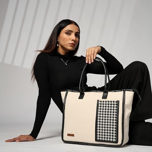 ENSAC Cotton Tote Bag for Women Premium Stylish Large Handbag for women with Zip Closure Ladies Big Shoulder Bag for Women Girls Handbag Zipper Large Capacity Shoulder Bag for College Office Use - Image 3