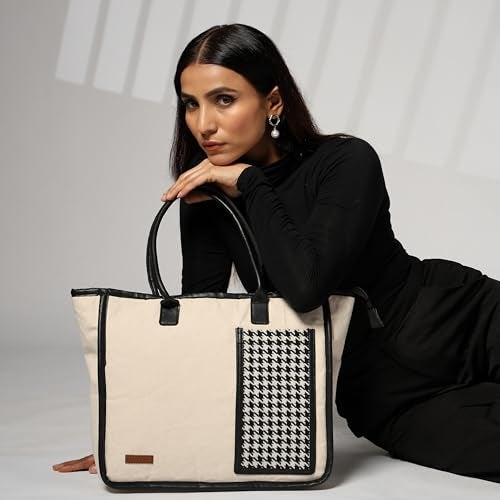 ENSAC Cotton Tote Bag for Women Premium Stylish Large Handbag for women with Zip Closure Ladies Big Shoulder Bag for Women Girls Handbag Zipper Large Capacity Shoulder Bag for College Office Use - Image 2