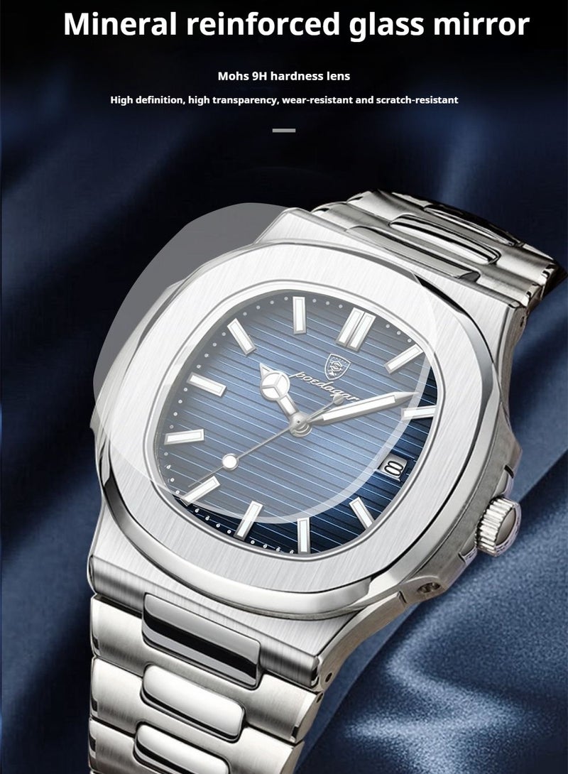 POEDAGAR ​​POEDAGAR Men's Silver-Tone Blue Dial Quartz Watch - Stainless Steel Case with Elegant Blue Face, Durable Metal Bracelet, Business Casual Style for Daily Wear & Formal Occasions​​  - Image 4