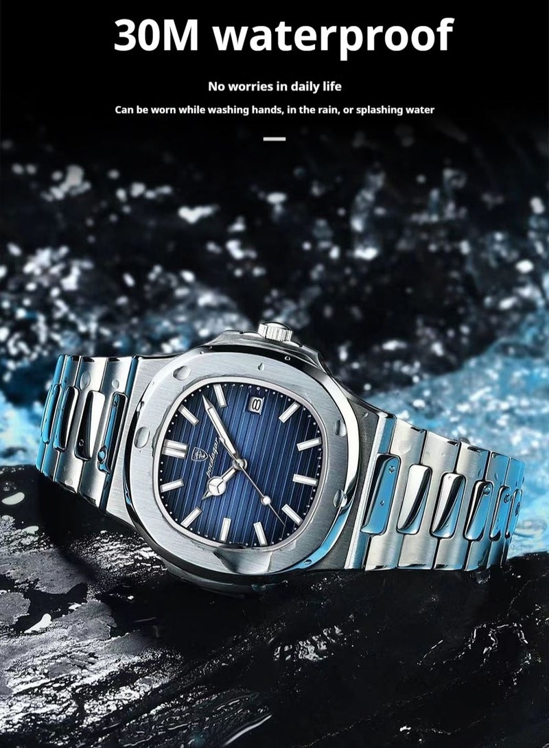 POEDAGAR ​​POEDAGAR Men's Silver-Tone Blue Dial Quartz Watch - Stainless Steel Case with Elegant Blue Face, Durable Metal Bracelet, Business Casual Style for Daily Wear & Formal Occasions​​  - Image 5