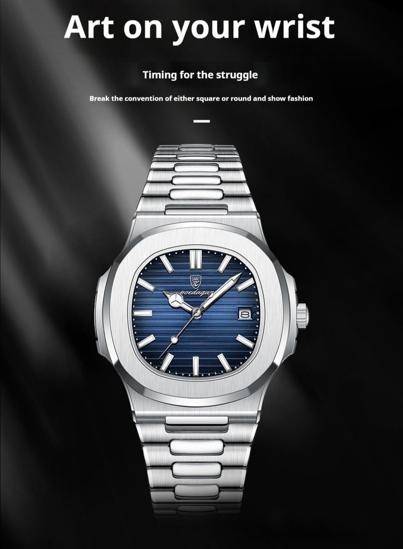 POEDAGAR ​​POEDAGAR Men's Silver-Tone Blue Dial Quartz Watch - Stainless Steel Case with Elegant Blue Face, Durable Metal Bracelet, Business Casual Style for Daily Wear & Formal Occasions​​  - Image 2