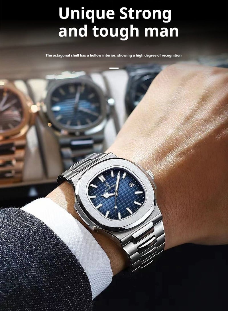 POEDAGAR ​​POEDAGAR Men's Silver-Tone Blue Dial Quartz Watch - Stainless Steel Case with Elegant Blue Face, Durable Metal Bracelet, Business Casual Style for Daily Wear & Formal Occasions​​  - Image 3