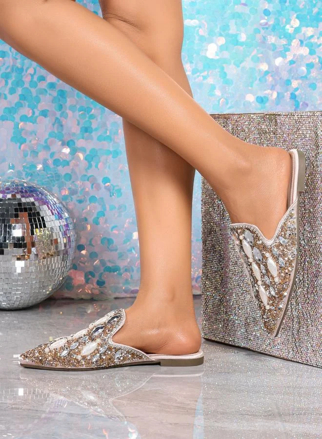 Take Two Embellished Pointed Toe Slip On Flat Sandals