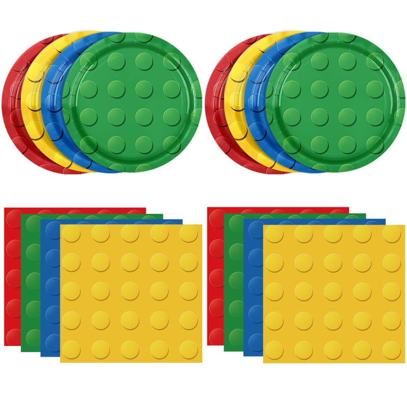 DURYGEN 80PCS Building Blocks Themed Birthday Party Decorations Colorful Building Block Tableware Paper Plates Napkins Set for Boys Kids Birthday Party Decorations Serve 20 - Image 2