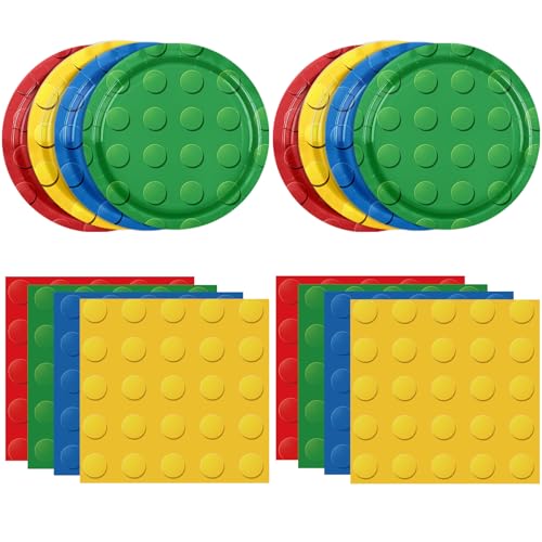 DURYGEN 80PCS Building Blocks Themed Birthday Party Decorations Colorful Building Block Tableware Paper Plates Napkins Set for Boys Kids Birthday Party Decorations Serve 20 - Image 1