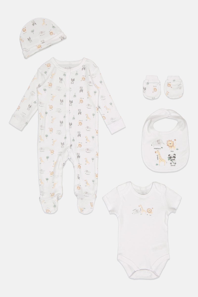 Rock-A-Bye Baby Boutique Toddlers Boy 5 Pcs Animal Print Bodysuit, Bib, Beanie, Gloves and Coverall Set, Multicolor - Image 3