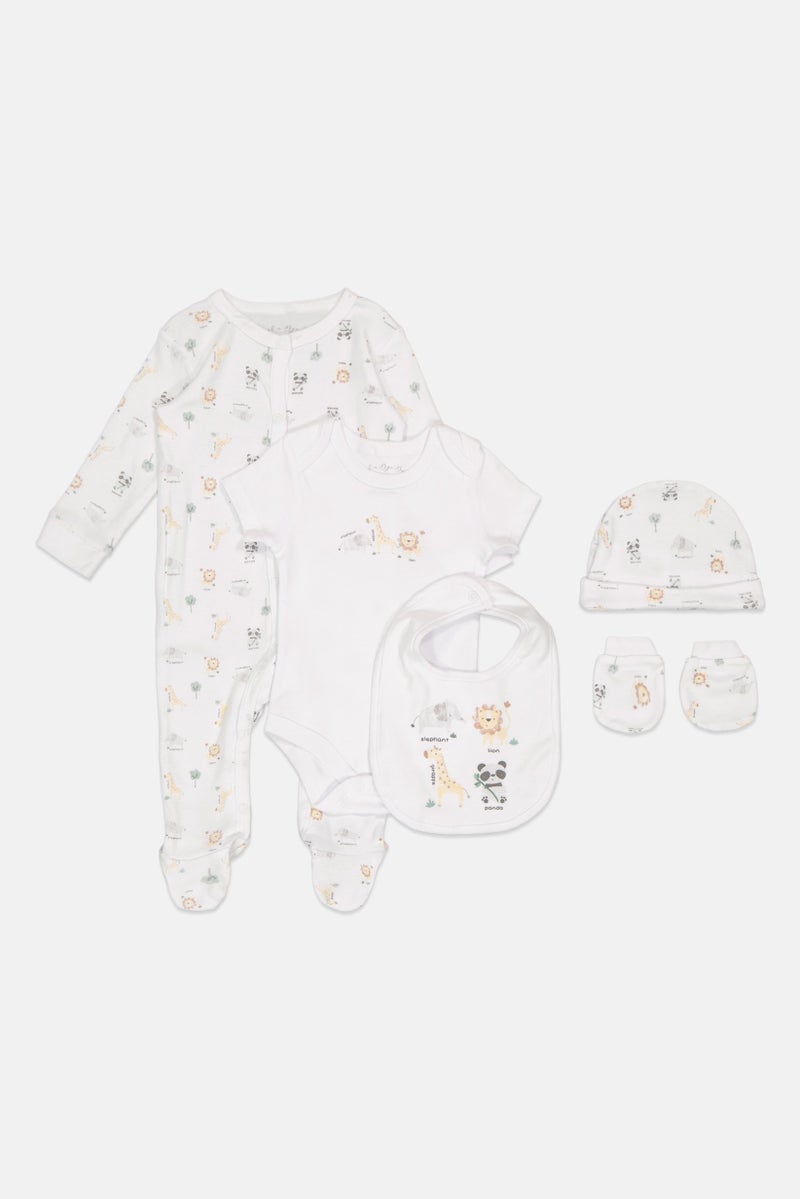 Rock-A-Bye Baby Boutique Toddlers Boy 5 Pcs Animal Print Bodysuit, Bib, Beanie, Gloves and Coverall Set, Multicolor - Image 1