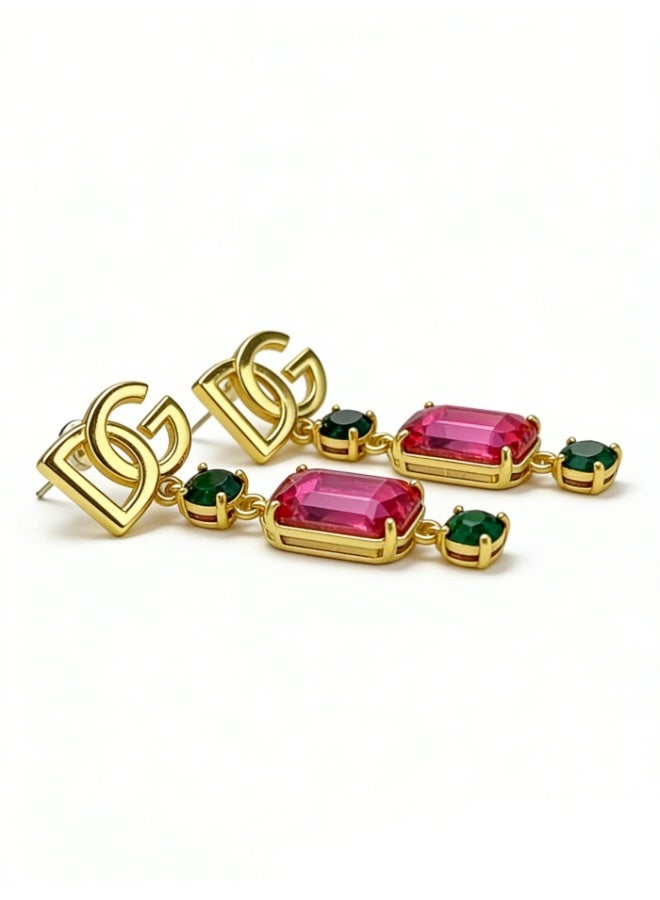 D&G Retro red and green contrast gemstone earrings light luxury letters long earrings banquet dress earrings - Image 3