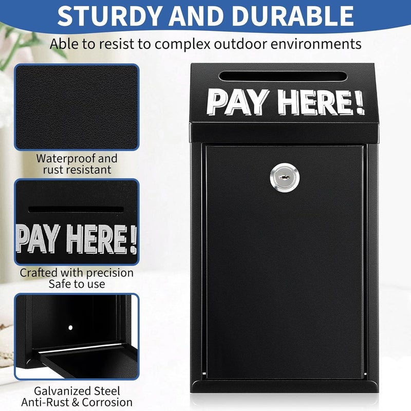 Hualleko Metal Donation Box with Lock â€“ Wall Mounted Cash Money Box with Slot for Cash Deposit, Hualleko Money Drop with Lock and Slot for Home/Office/Outdoors 10.2 x 5.6 x 2.9 Inch(Black) - Image 5