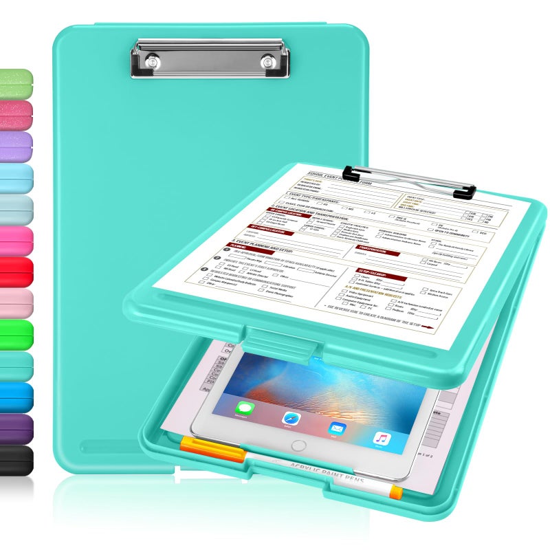 Sooez Clipboard with Storage Plastic Storage Clipboard with Low Profile Clip Heavy Duty Nursing Clipboards Foldable Coaches Clipboard Case for Work Kids Teacher Must Haves Office School Supplies