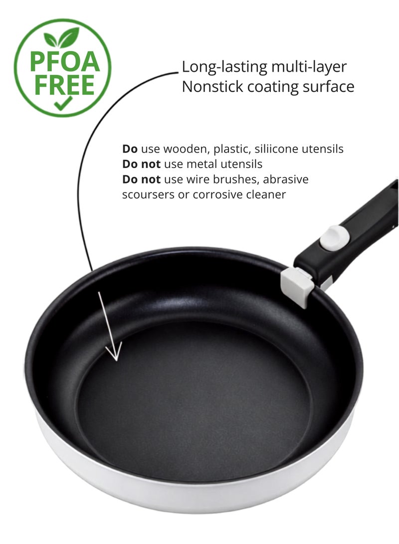 Noon East 10 Piece Detachable Aluminum Cookware Set, Non-Stick, 1x16cm Saucepan with Lid, 1x18cm Saucepan with Lid, 1x24cm Saute Pan with Lid, 1x28cm Frypan, 1x16cm Fridge Lid, 1x18cm Fridge Lid, 1 removable handle - Light Grey - Image 5