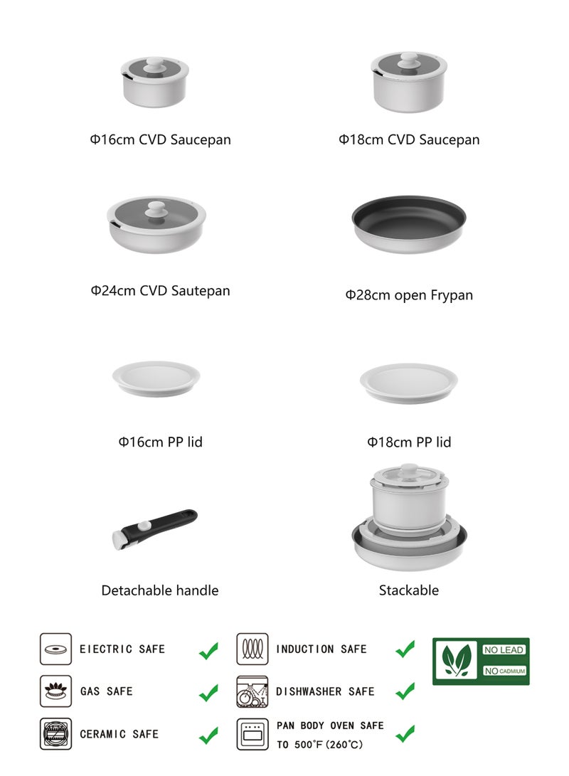 Noon East 10 Piece Detachable Aluminum Cookware Set, Non-Stick, 1x16cm Saucepan with Lid, 1x18cm Saucepan with Lid, 1x24cm Saute Pan with Lid, 1x28cm Frypan, 1x16cm Fridge Lid, 1x18cm Fridge Lid, 1 removable handle - Light Grey - Image 2