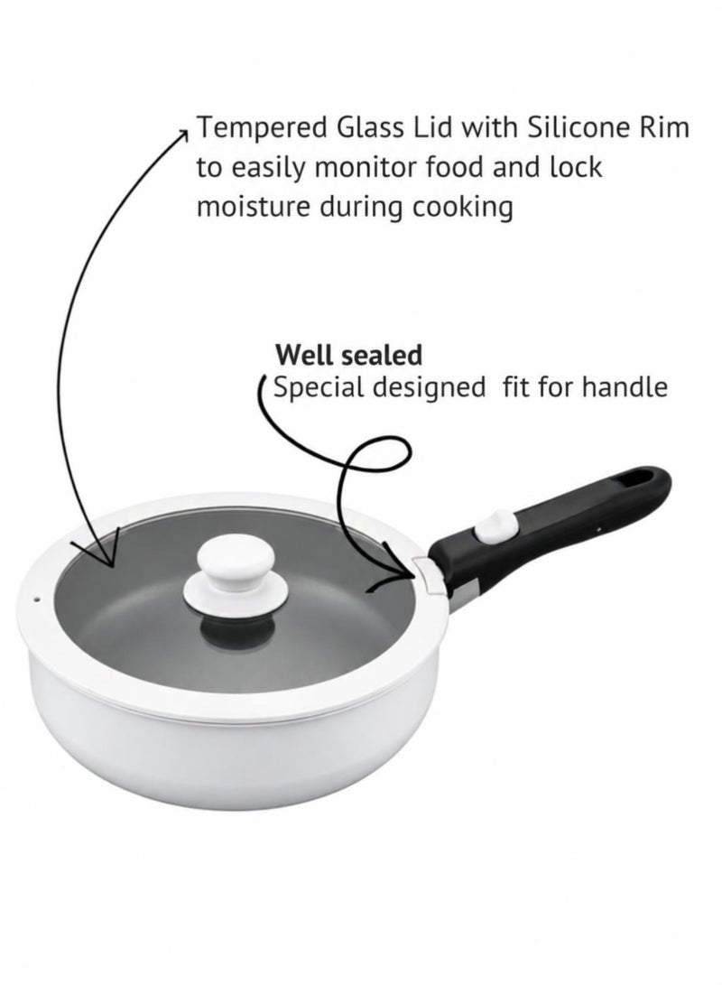 Noon East 10 Piece Detachable Aluminum Cookware Set, Non-Stick, 1x16cm Saucepan with Lid, 1x18cm Saucepan with Lid, 1x24cm Saute Pan with Lid, 1x28cm Frypan, 1x16cm Fridge Lid, 1x18cm Fridge Lid, 1 removable handle - Light Grey - Image 4