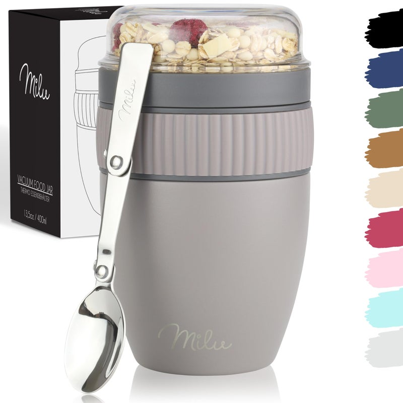 Milu Cereal Cup to go 400ml I insulated yoghurt cup for muesli I leakproof cup with spoon for yoghurtporridge Taupe Grey