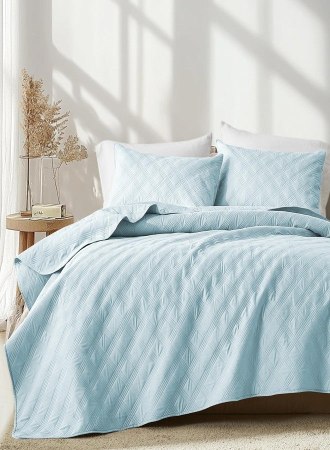 inron Quilt Set King Size,Sky Blue Microfiber Ultrasonic Cal King Bedspreads,Lightweight Breathable Coverlet,Modern Geometric Pattern Thin Bedding Set for All Seasons(1 Quilt,2 Pillow Shams) - Image 1