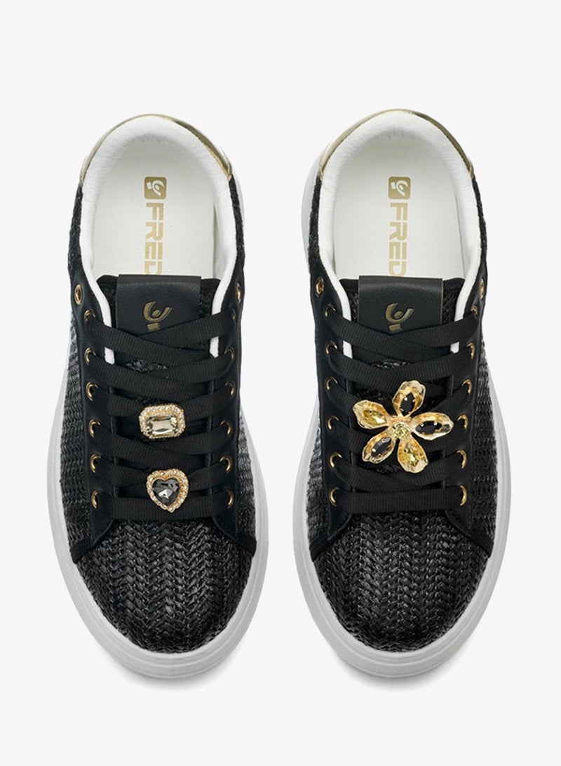 فريدي سنيكرز نسائي أسود منصة فريدي مزين بالجواهر فاخر بنعل منسوج - Image 4