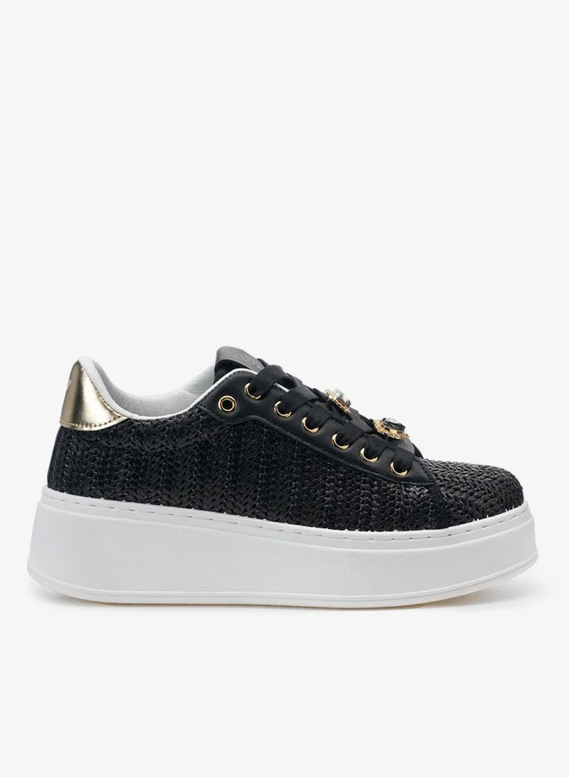 FREDDY FREDDY Low Top Women’s Black Platform Sneakers – Luxury Jewel-Embellished Fashion Sneakers with Textured Woven Upper