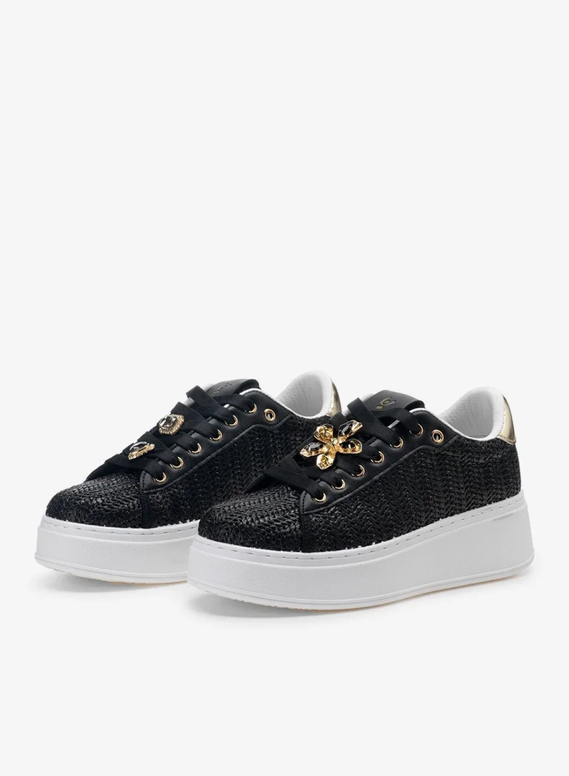 FREDDY FREDDY Low Top Women’s Black Platform Sneakers – Luxury Jewel-Embellished Fashion Sneakers with Textured Woven Upper