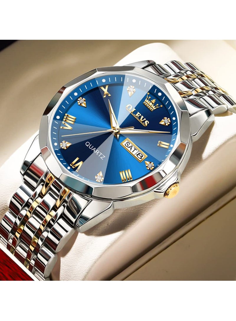 أوليفز ساعة يد فاخرة للرجال بحركة كوارتز من الفولاذ المقاوم للصدأ والماء، ومزودة بخاصية عرض التاريخ مضيئة بلونين - Image 5