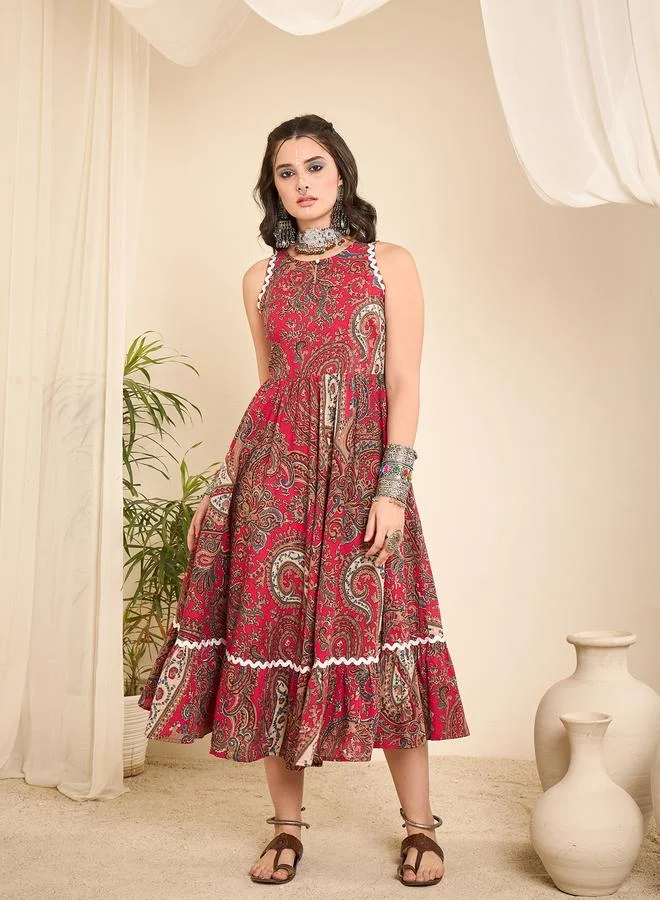 Winered Pink Paisley Printed Sleeveless Midi Dress