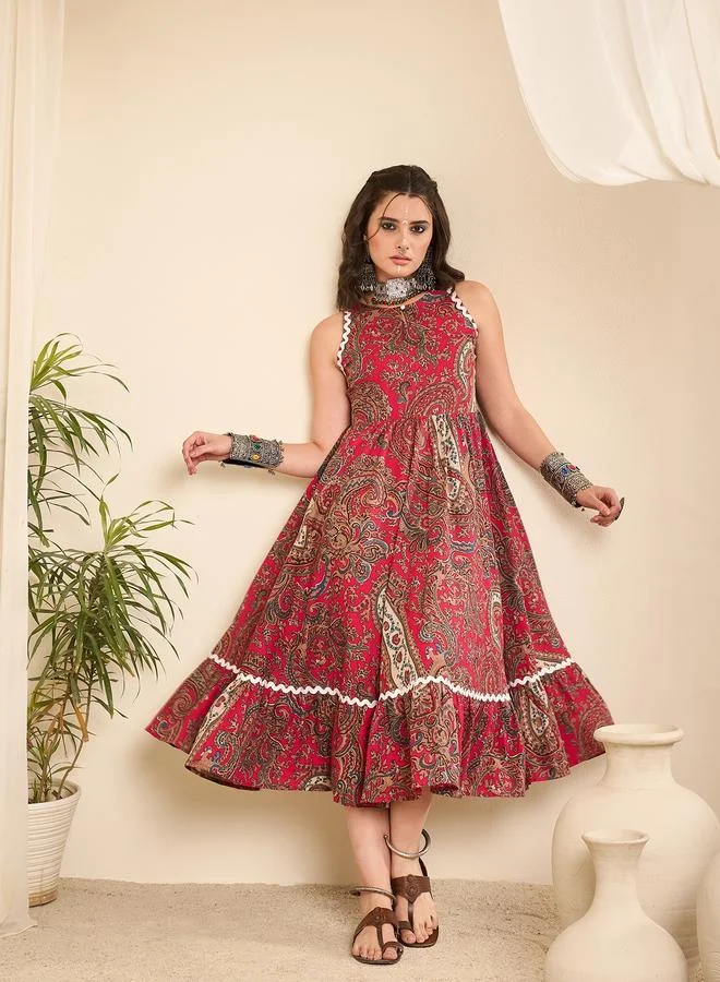 Winered Pink Paisley Printed Sleeveless Midi Dress
