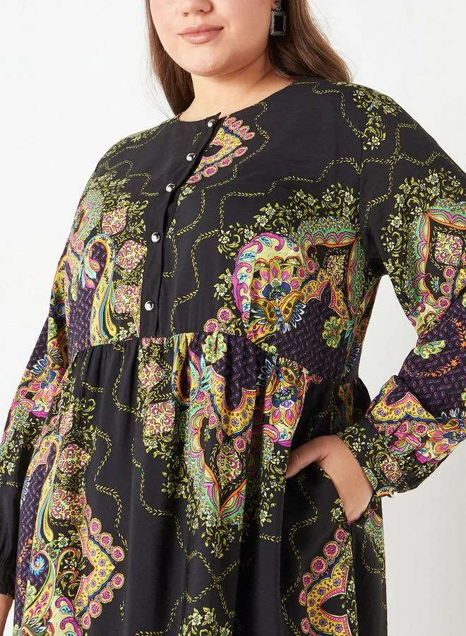  أولا بوبكن فستان متوسط الطول مقاس كبير بأكمام طويلة وطبعات أزهار من أولا بوبكن