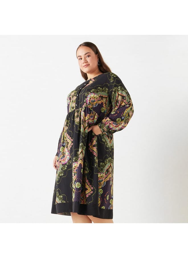Ulla Popken Plus Size Ulla Popken All-Over Floral Print Midi Dress with Long Sleeves  - Image 1