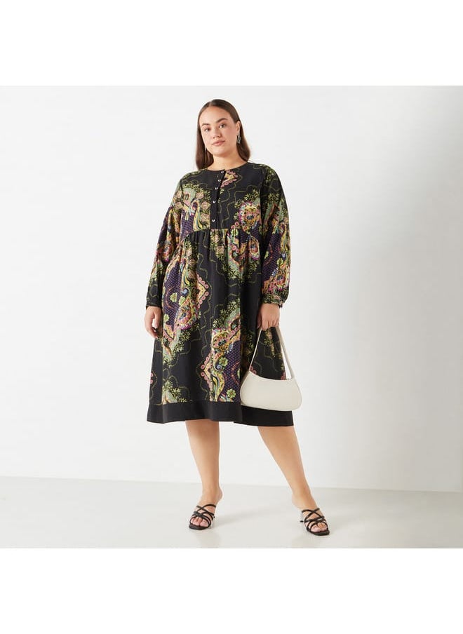 Ulla Popken Plus Size Ulla Popken All-Over Floral Print Midi Dress with Long Sleeves  - Image 2