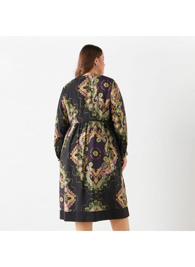 Ulla Popken Plus Size Ulla Popken All-Over Floral Print Midi Dress with Long Sleeves  - Image 3